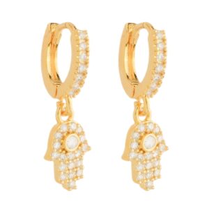 Brinco Dourado Argolinha Mãos de Fátima Cravejado Zircônia